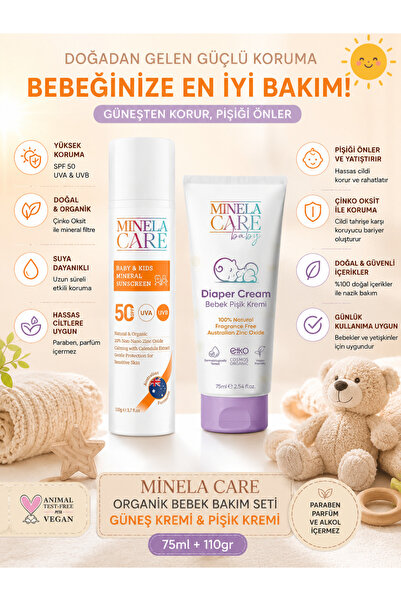 Minela Care مجموعة العناية العضوية بالأطفال مع واقي من الشمس SPF 50+ وكريم لط...