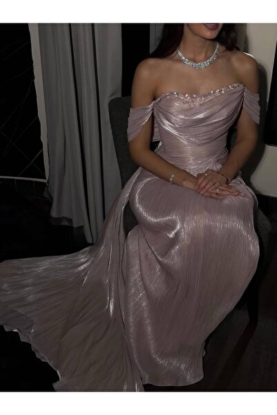 Bamah Shiny Nude Long Evening Dress with Luxurious and Elegant Off-The-Should...