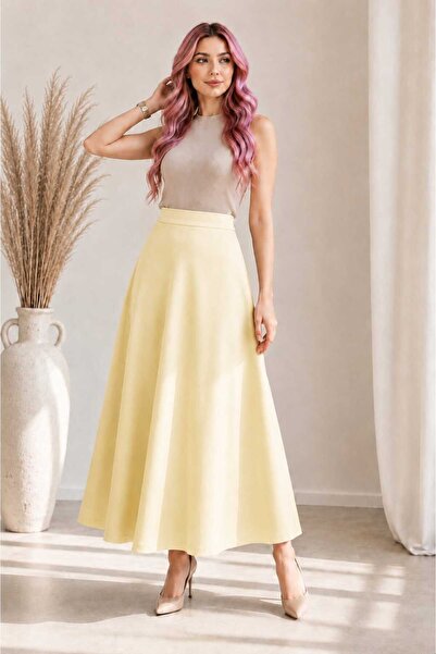 CATSPY Women's Butter Yellow Knitted Scuba Crepe Casual Skirt Length:94-95Cm
