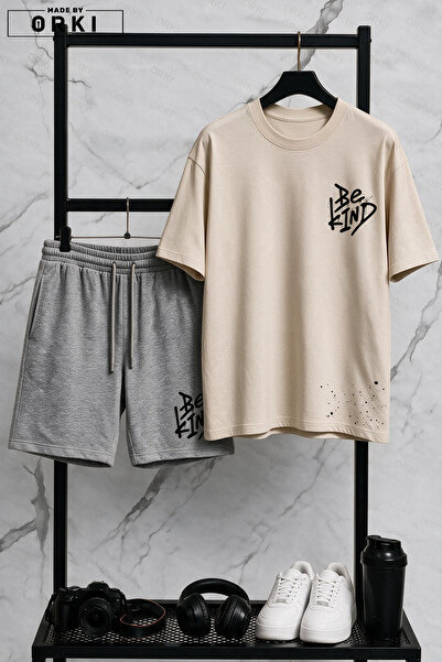 EFFRENATU Nazik Ol Printed Cotton Fabric Unisex T-Shirt-Grey Shorts Set
