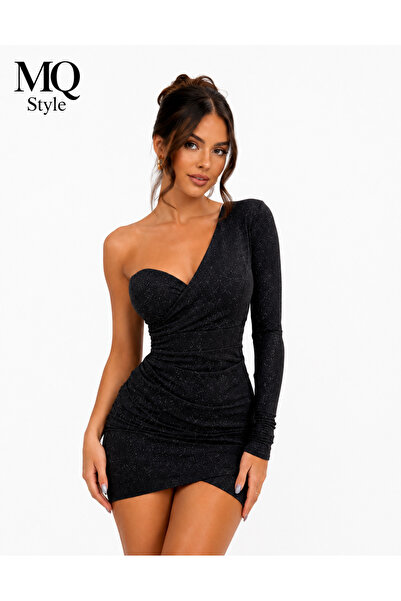 MQ Luxurious One-Sleeve Mini Evening Dress - Glittering Rhinestone Embellishe...