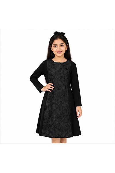 Generic Girls Black Long-Sleeved Dress with Lace Details