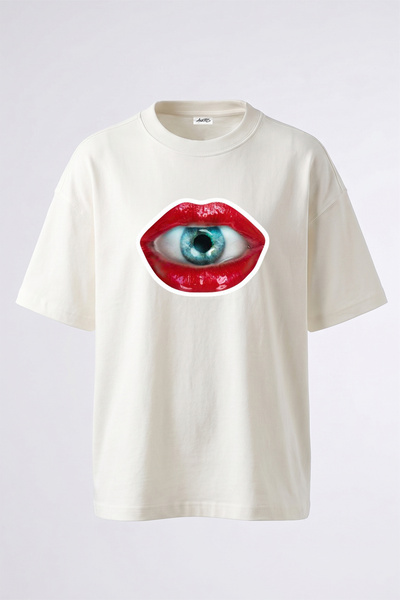 Anetos Red Lip Eye Design Printed Oversize White T-Shirt