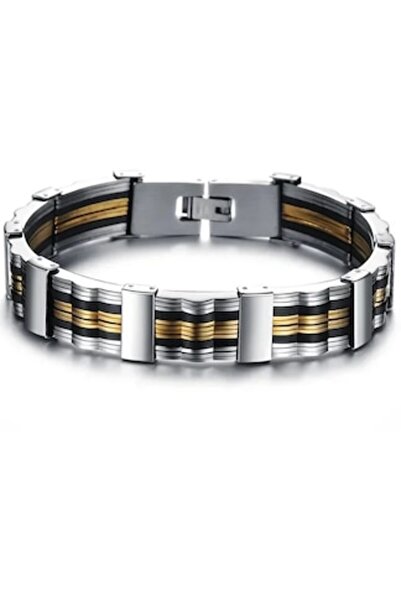 CRM Men's stainless steel bracelet, CRM, elegant design, silver with gold ins...