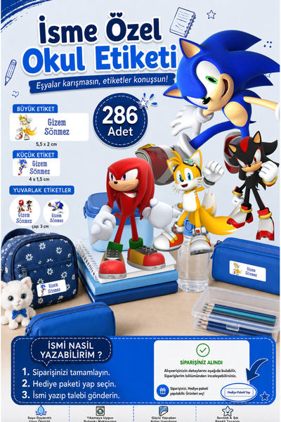 Sim Tasarım Sonic Okul Etiketi Kalem Defter Etiketi Özel İsim Yazılabilen Eti...