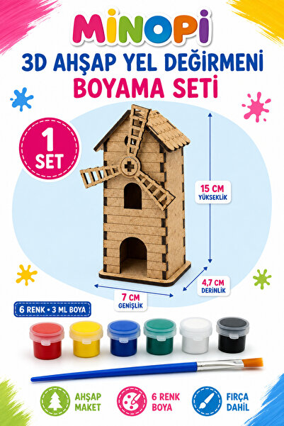 Minopi 3D Ahşap Yel Değirmeni Maketi Boyama Etkinlik Aktivite Seti 6 Renk Boy...