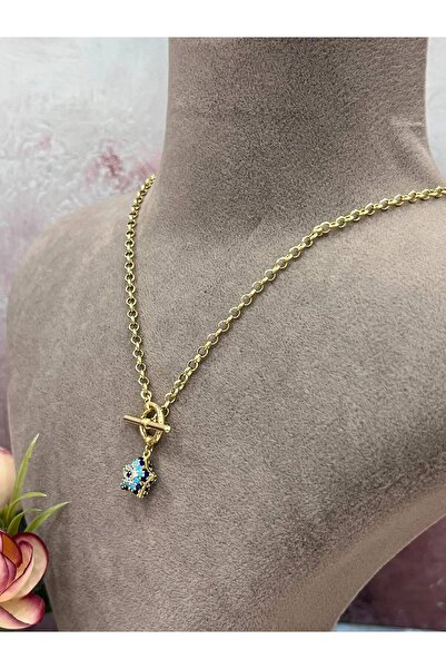 XUPING JEWELRY T Bar Kilitli Yıldız Detaylı Nazar Boncuklu Kadın Kolye (14k G...