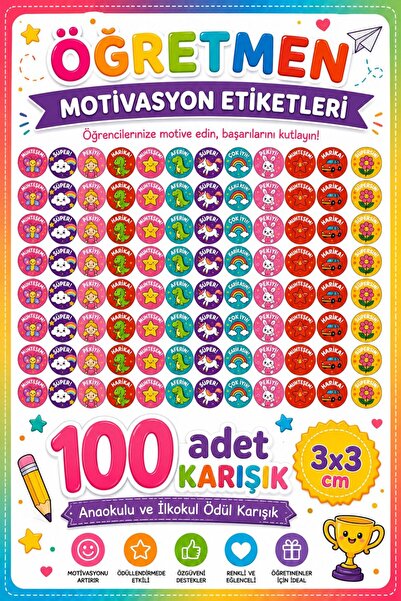 Göktuğ Hediyelik 100 Adet Öğretmen Motivasyon Etiketi 3x3 cm | Karışık Ödül S...