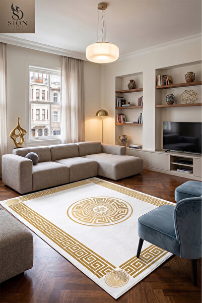 SionFabric Yıkanabilir Gold Beyaz Dot Taban Leke Tutmaz Salon Halısı Mutfak H...