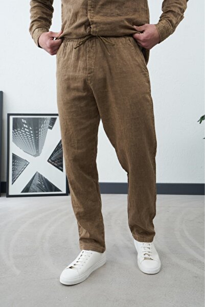 duo fideles Men's Linen Relaxed Fit Elastic Waist Lace-Up Trousers
