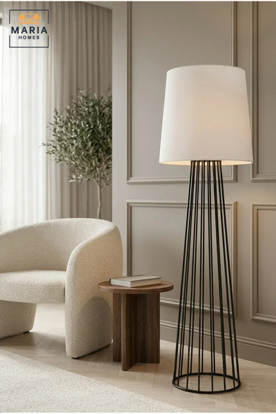 MARIA HOMES Modern Floor Lamp with Fabric Drum Shade and Open Cage Frame, Dec...