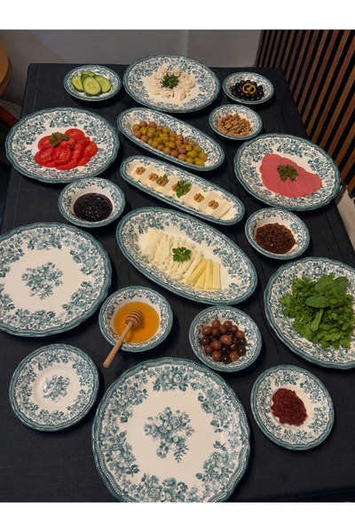 NuBuTu Porser Velour Green 20 Parça Kahvaltı Takımı , Porselen Kahvaltı Takımı