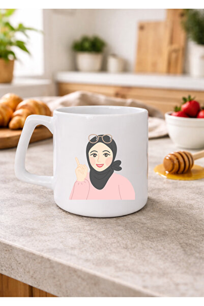 Eylül Design Printed Mug with Hijab Girl Design, Minimal Design, Luxury Coffe...