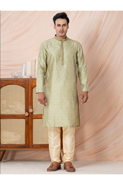Devoiler Mens Lime Green Self Design Jacquard Silk Kurta Set