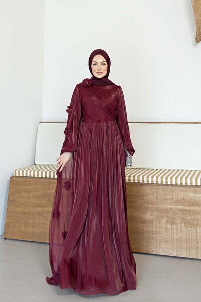 OZELİMMODA Ön Kısm Drapeli Parlak Şifon Elbise | Bordo