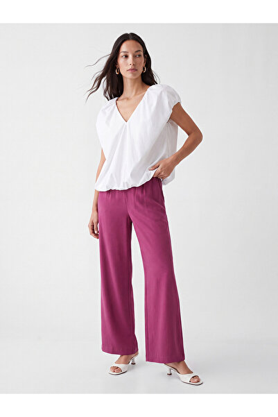 LC Waikiki Nevavm Women's Pleated Fabric Trousers with Elastic Waist and Diff...