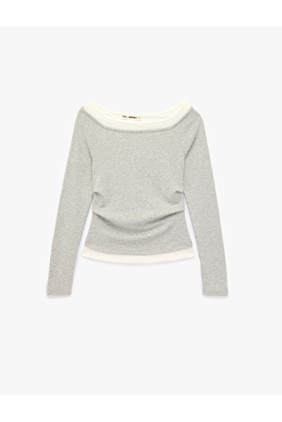 Koton Viscose Blended Gathered Boat Neck Layered Long Sleeve T-Shirt