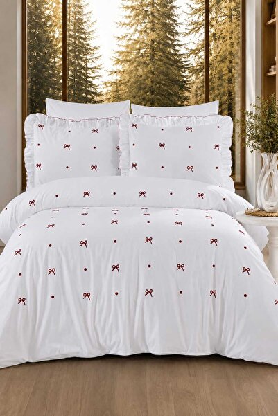 İK TEKSTİL Fiyonk Masalı 100% Cotton Ruffled and Embroidered 6 Piece Double L...