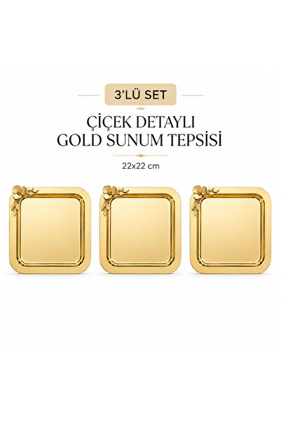 Turkco Gold Single Flower Detailed Square Presentation Tray 22X22 cm Engageme...