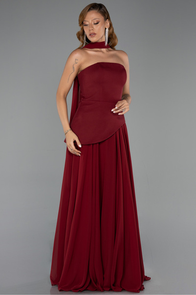 Abiyefon Bordo Straplez Peplum Kesim Şallı Uzun Şifon Abiye ABU6042