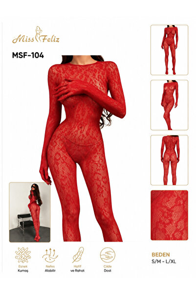 Raviella Atelier Kırmızı Dantel Vücut Çorabı Fantazi Gecelik Bodystocking
