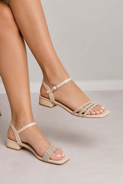 Preshley Women's Ebiy Cream Ankle Strap Stone Banded 4 cm Short Classic Heel Shoes