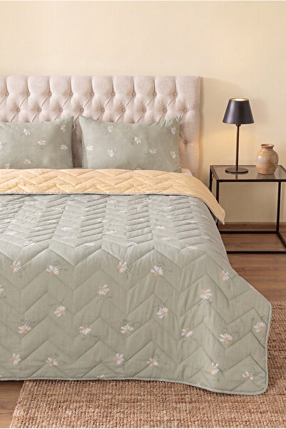 Rivaİstanbul Green Daisy Quilted Double Cotton Pique & Multi-Purpose Bedspread