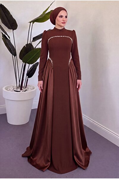 parla official Pearl Detailed Crepe and Satin Combination Flared Hijab Evenin...
