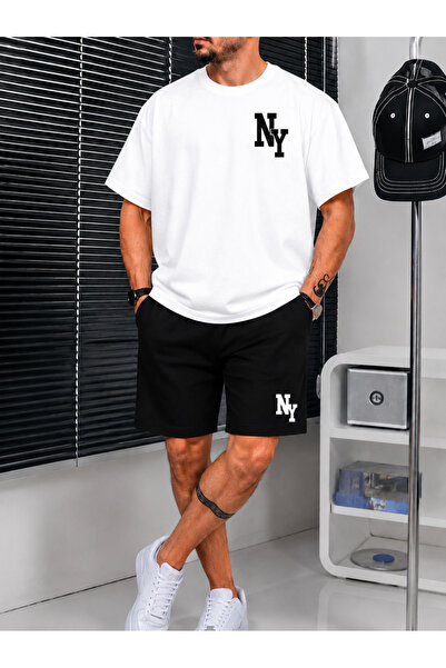 ZAVIXO Men's Oversize Ny Printed Shorts Set 100% Cotton – White T-Shirt Black...