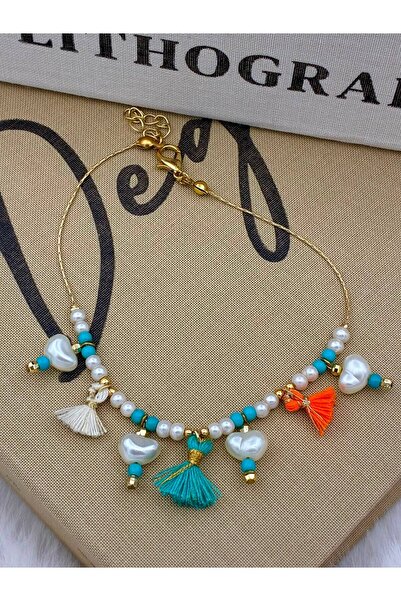 Hedef Bijuteri Gold Color Turquoise Beaded White Pearl Detailed Orange Blue W...