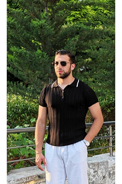 Premium Siyah Polo Yaka Fitilli Triko