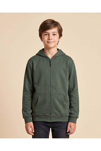 REDTAG Senior Boys Green Hooded Zip-Through Sweatshirt
