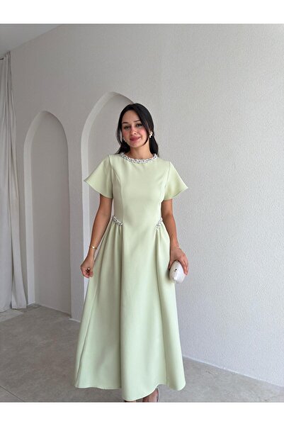 Mooi Butik Senori̇ta Stone Detailed Midi Dress 3769 - Mint