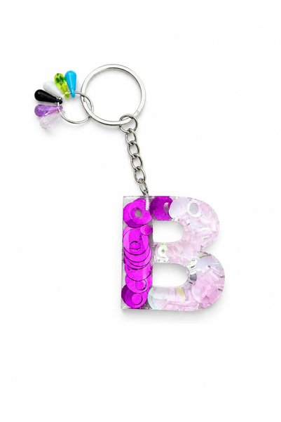 GMA KEYS Letter B Pink Purple Color Beaded Epoxy Keychain