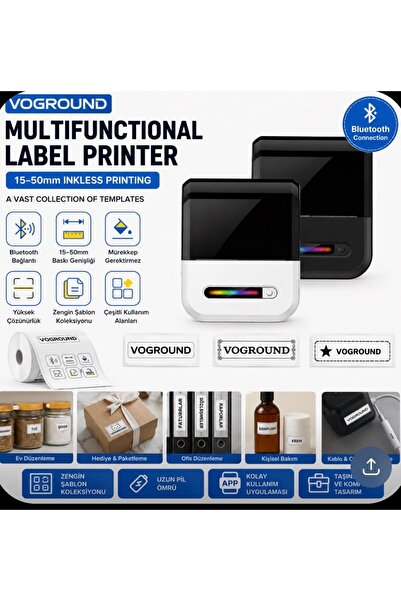 Voground Bluetooth Termal Etiket Yazıcı 15-50 mm Mini Label Printer Mürekkeps...