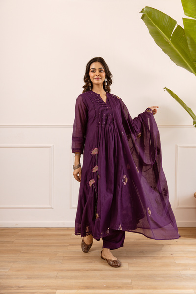 PRIYA'S PANACHE Mul Chanderi Gathered Anarkali Kurta Set for Women | Kurta Pa...