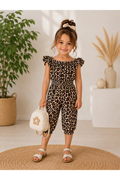 Genel Markalar Mini&Mom Kız Çocuk Kapri Leopar Desen Tulum(1 beden büyük alınız)