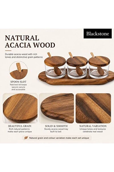 Blackstone Condiment Jar Set, 3 Glass Jars with Acacia Wood Lids, Spoons and Organiser Tray, 10-Piece Kitchen Set