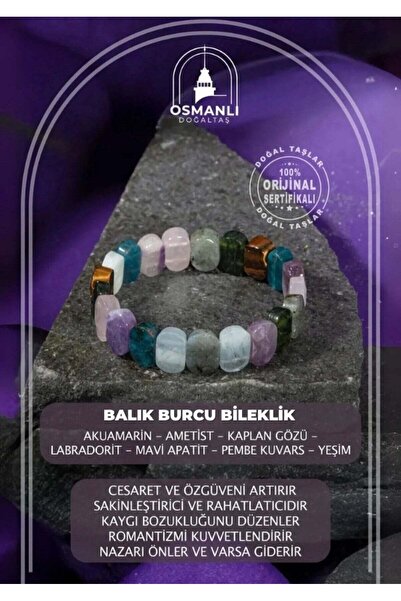 OSMANLI DOĞAL TAŞ Balık Burcu Bileklik Akuamarin, Ametist, Kaplan Gözü, Labra...