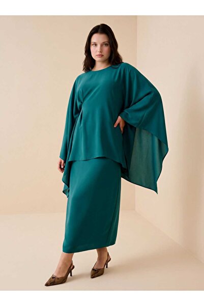 ALİA Batwing Sleeve Detailed Tunic & Skirt Plus Size Set - Emerald Green -