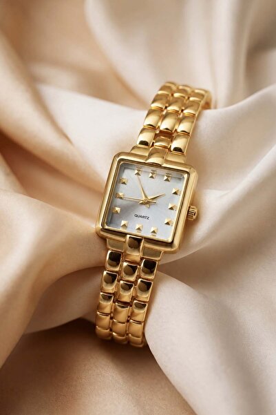GANYMET Cantien Women's Wristwatch Gold Square Case Light Blue Dial Steel Ban...