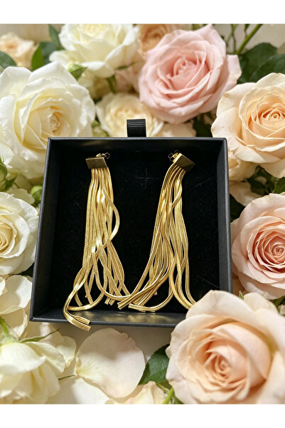 Noon Noora Long tassel stainless steel PVD plated with 18K gold earrings, shi...