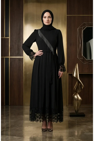 sefamerve Chiffon Stone Belted Hijab Evening Dress 5809-01 Black
