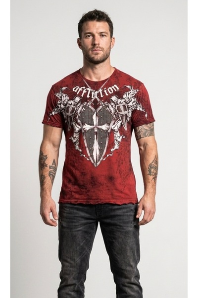 Köstebek Affliction Shield Sword Gothic Y2K Red Washed Unisex T-Shirt