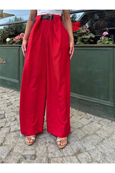 Moda4x4 Women's Clothing Red Linen Blend Belted Trousers