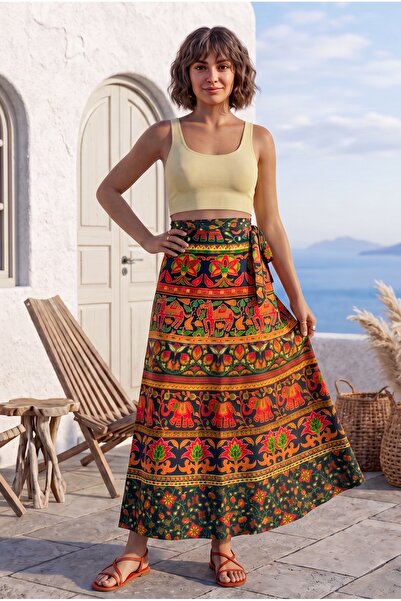 Chiccy Green Tie-Waist Allover Printed Casual Cotton Long Wrap Woven Skirt 10...