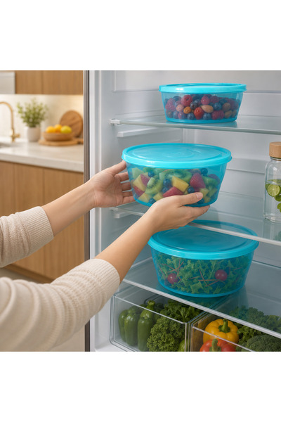 Tuffex Polo Small 3'lü Kapaklı Yuvarlak Saklama Kabı Seti 900/2000/3750 ml Turkuaz