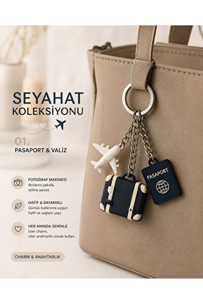 Heners Seyahat Temalı Bag Charm Çanta Aksesuarı – Uçak, Bavul & Pasaport / Uç...