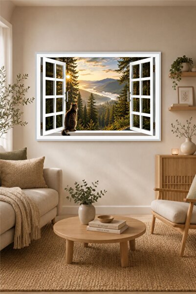 Piksel Grafik 3D Forest Scenery and Cat Window Wall Sticker