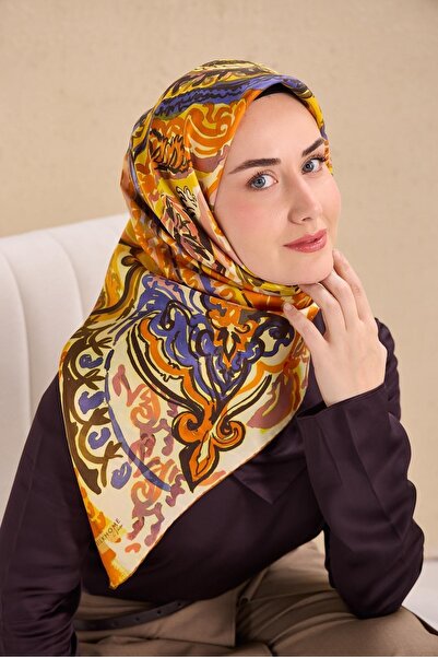Silk Home وشاح حرير تويل بنمط فني برتقالي 90x90